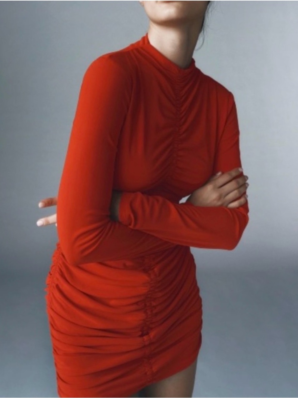 ZARA Long-Sleeve Ruched Red Mini Dress Size Medium